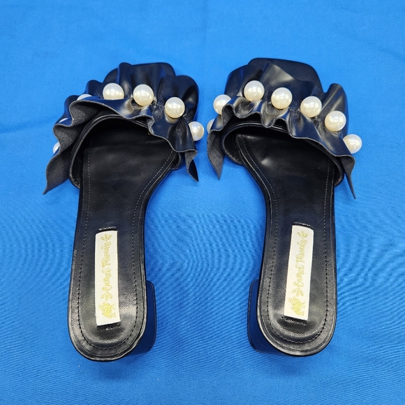 Camel Threads Grace Womens Size 8 Black Slip On Ruched w/ Pearls Heel Sandals - Picture 7 of 13